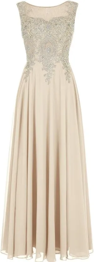 Lemai Crystals Gold Lace Chiffon A Line Sheer Back Formal Long Prom Evening Dresses