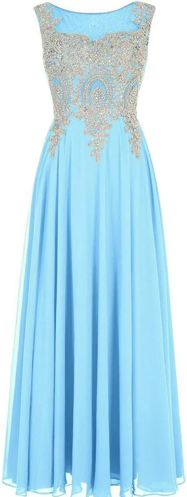 Lemai Crystals Gold Lace Chiffon A Line Sheer Back Formal Long Prom Evening Dresses