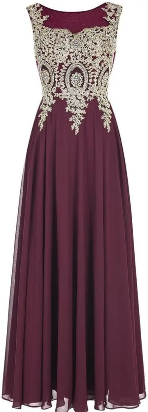 Lemai Crystals Gold Lace Chiffon A Line Sheer Back Formal Long Prom Evening Dresses