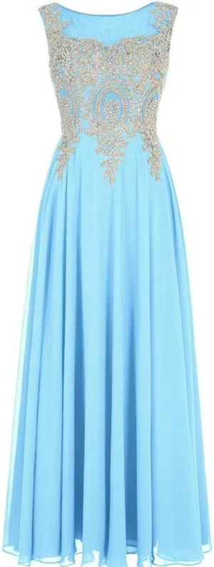 Lemai Crystals Gold Lace Chiffon A Line Sheer Back Formal Long Prom Evening Dresses