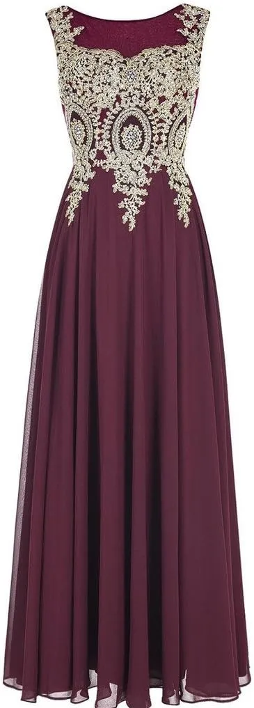 Lemai Crystals Gold Lace Chiffon A Line Sheer Back Formal Long Prom Evening Dresses