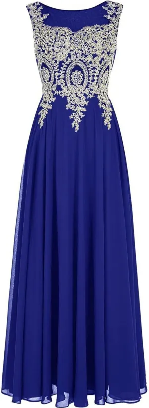 Lemai Crystals Gold Lace Chiffon A Line Sheer Back Formal Long Prom Evening Dresses