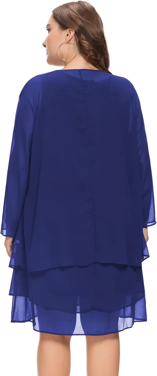 LIDLIT 2PCS Women's Chiffon Dress Mother of The Bride Dresses Long Sleeve Knee Length Jacket Dresses
