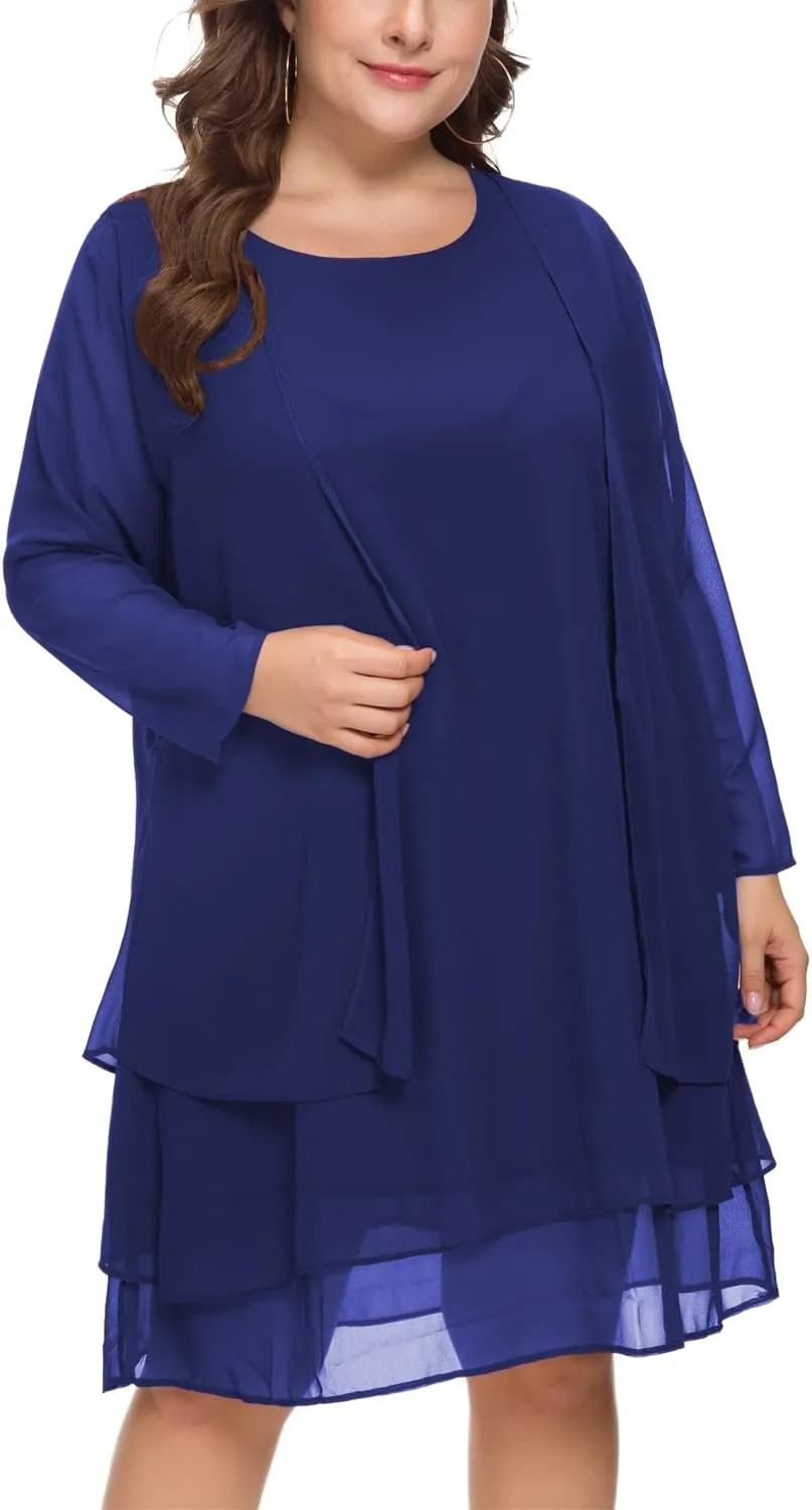 LIDLIT 2PCS Women's Chiffon Dress Mother of The Bride Dresses Long Sleeve Knee Length Jacket Dresses
