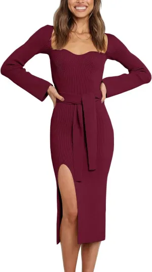 LILLUSORY Women's Sweetheart Neckline Midi Dress Long Sleeve Ribbed Knit Sweater Outfits with Slit and Belt 2024 Spring
