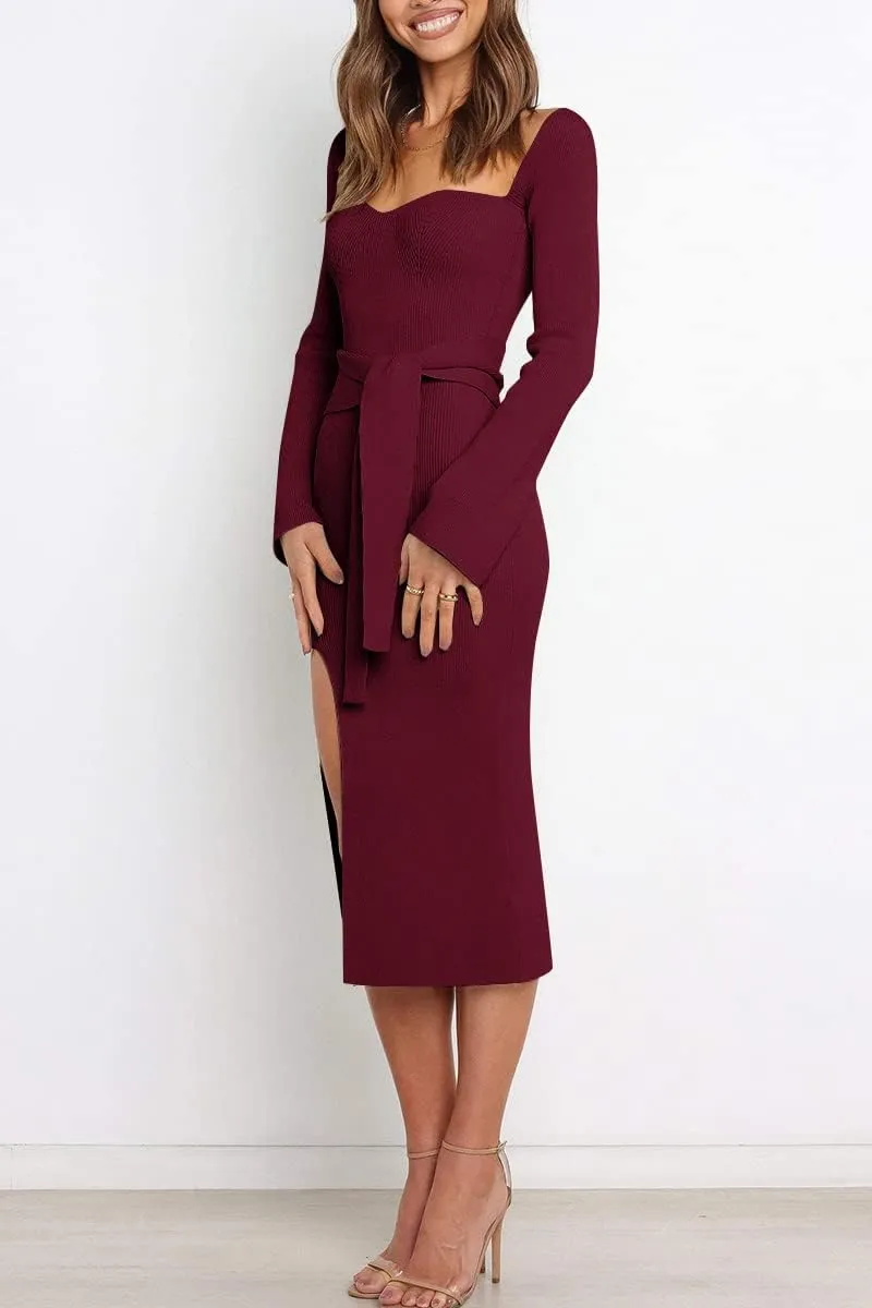 LILLUSORY Women's Sweetheart Neckline Midi Dress Long Sleeve Ribbed Knit Sweater Outfits with Slit and Belt 2024 Spring