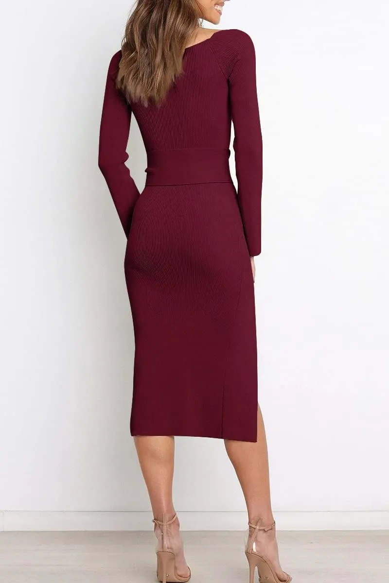 LILLUSORY Women's Sweetheart Neckline Midi Dress Long Sleeve Ribbed Knit Sweater Outfits with Slit and Belt 2024 Spring