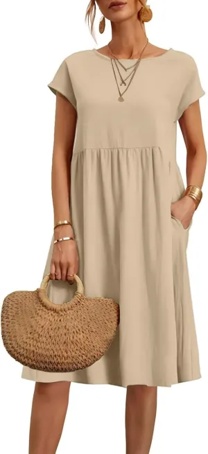 Linen Dresses for Women 2025 Summer Plus Size Short Sleeve Midi Dress Casual Loose Flowy Beach Sundresses with Pockets