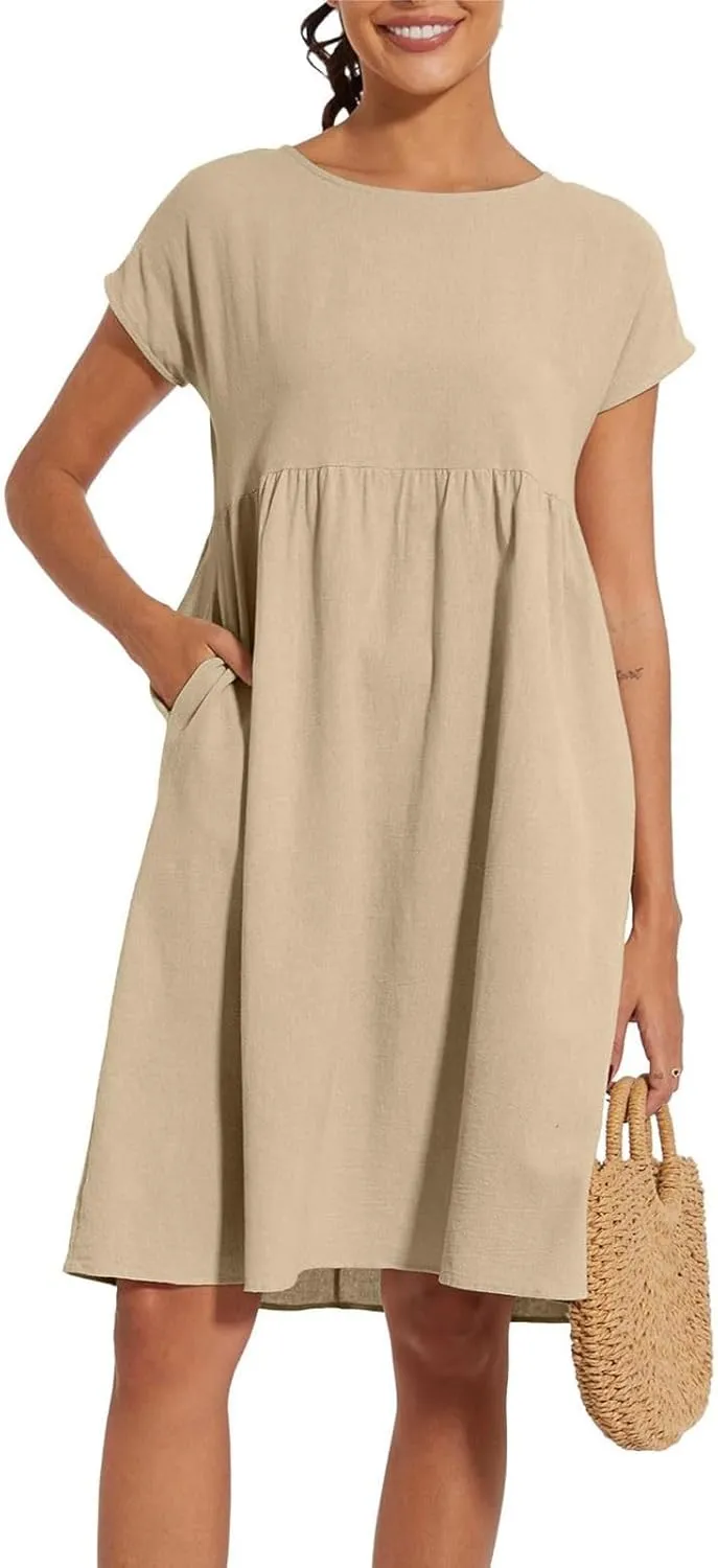Linen Dresses for Women 2025 Summer Plus Size Short Sleeve Midi Dress Casual Loose Flowy Beach Sundresses with Pockets