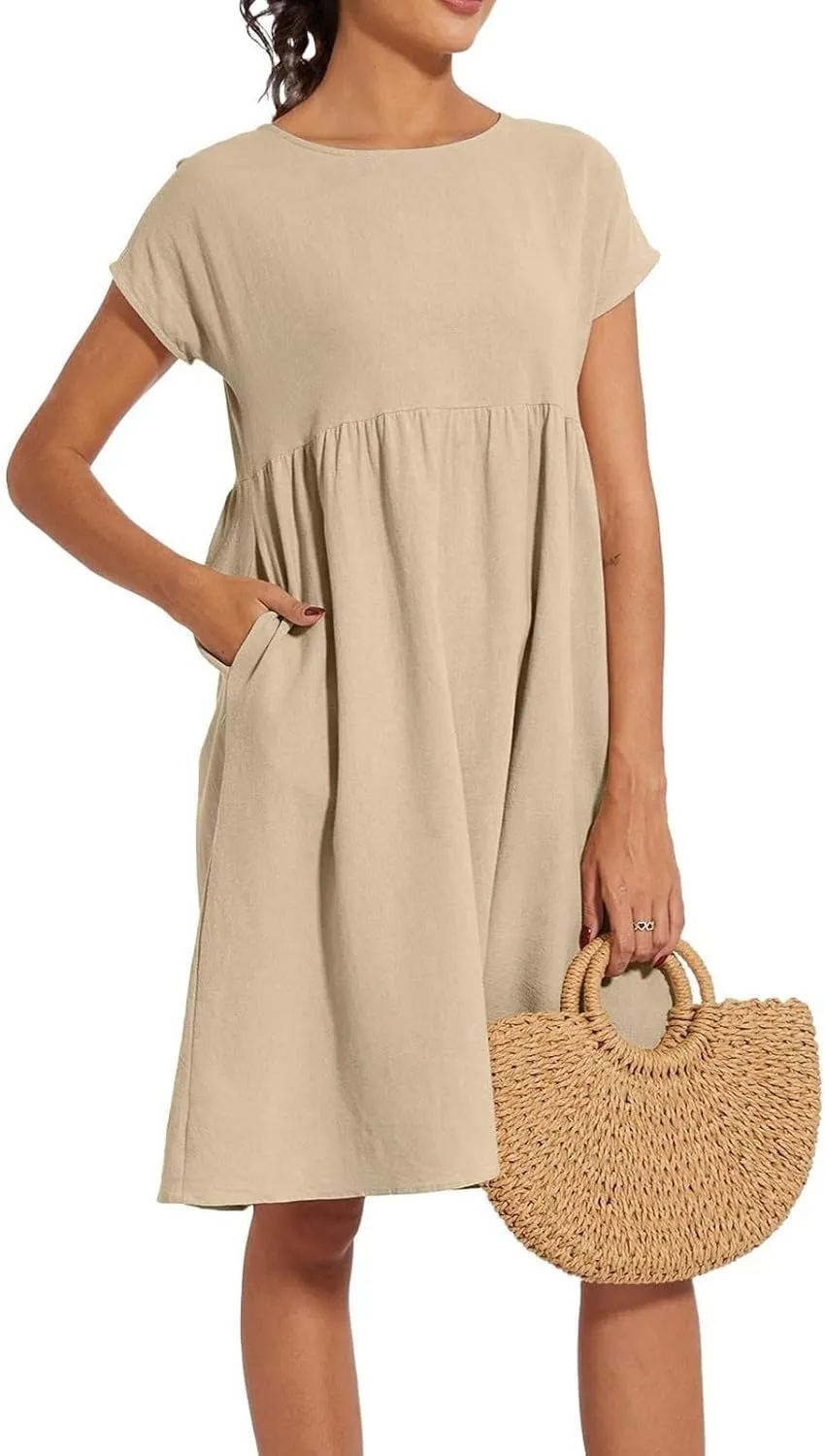 Linen Dresses for Women 2025 Summer Plus Size Short Sleeve Midi Dress Casual Loose Flowy Beach Sundresses with Pockets