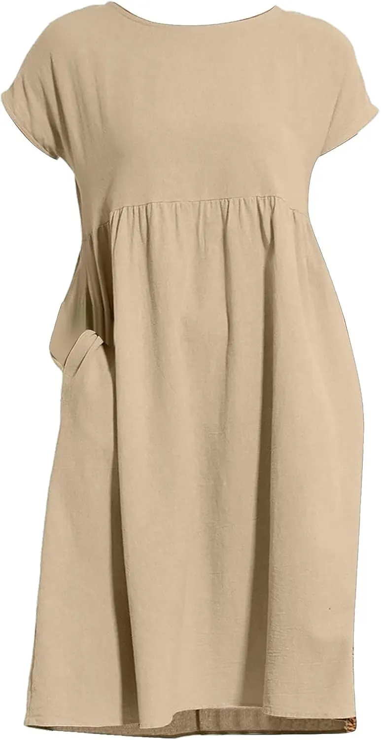 Linen Dresses for Women 2025 Summer Plus Size Short Sleeve Midi Dress Casual Loose Flowy Beach Sundresses with Pockets