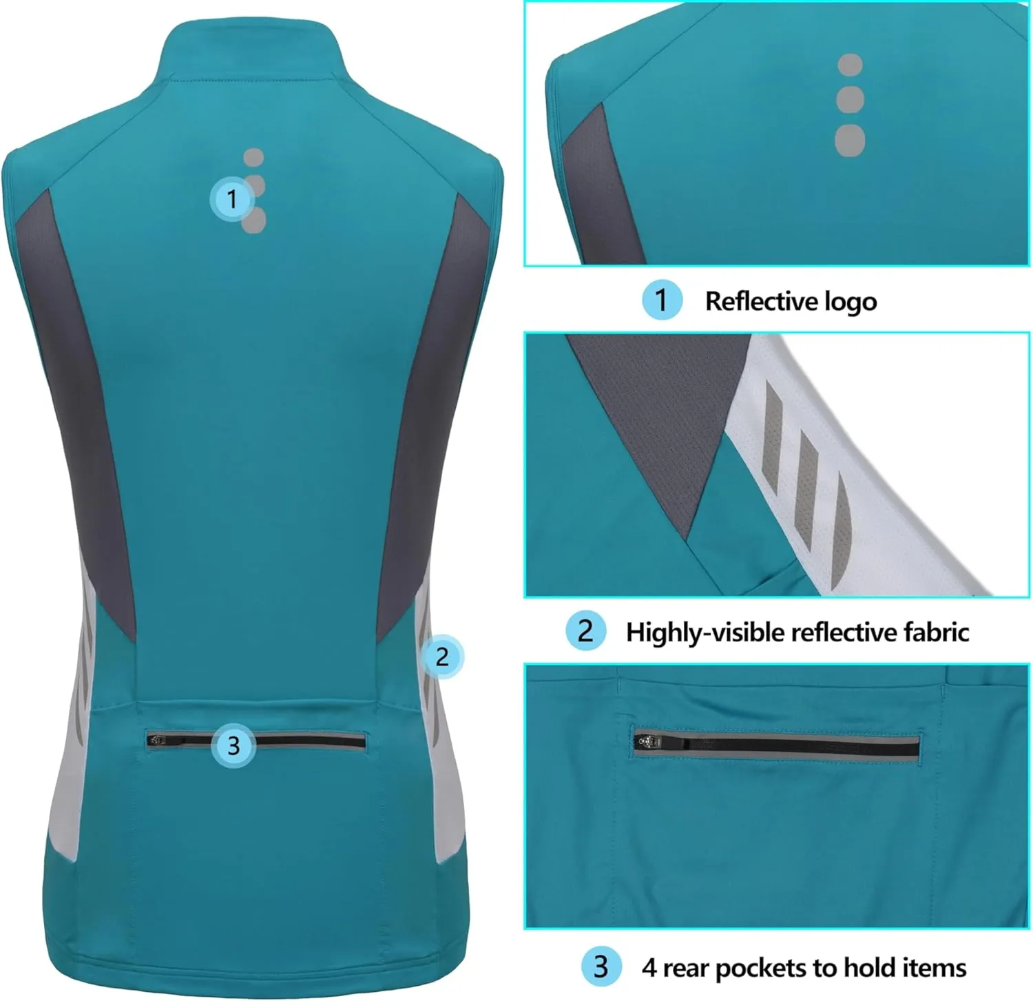 Little Donkey Andy Women's Half Zip Breathable Cycling Vests Reflective Sleeveless Jerseys Shirts Golf 4 Rear Pockets