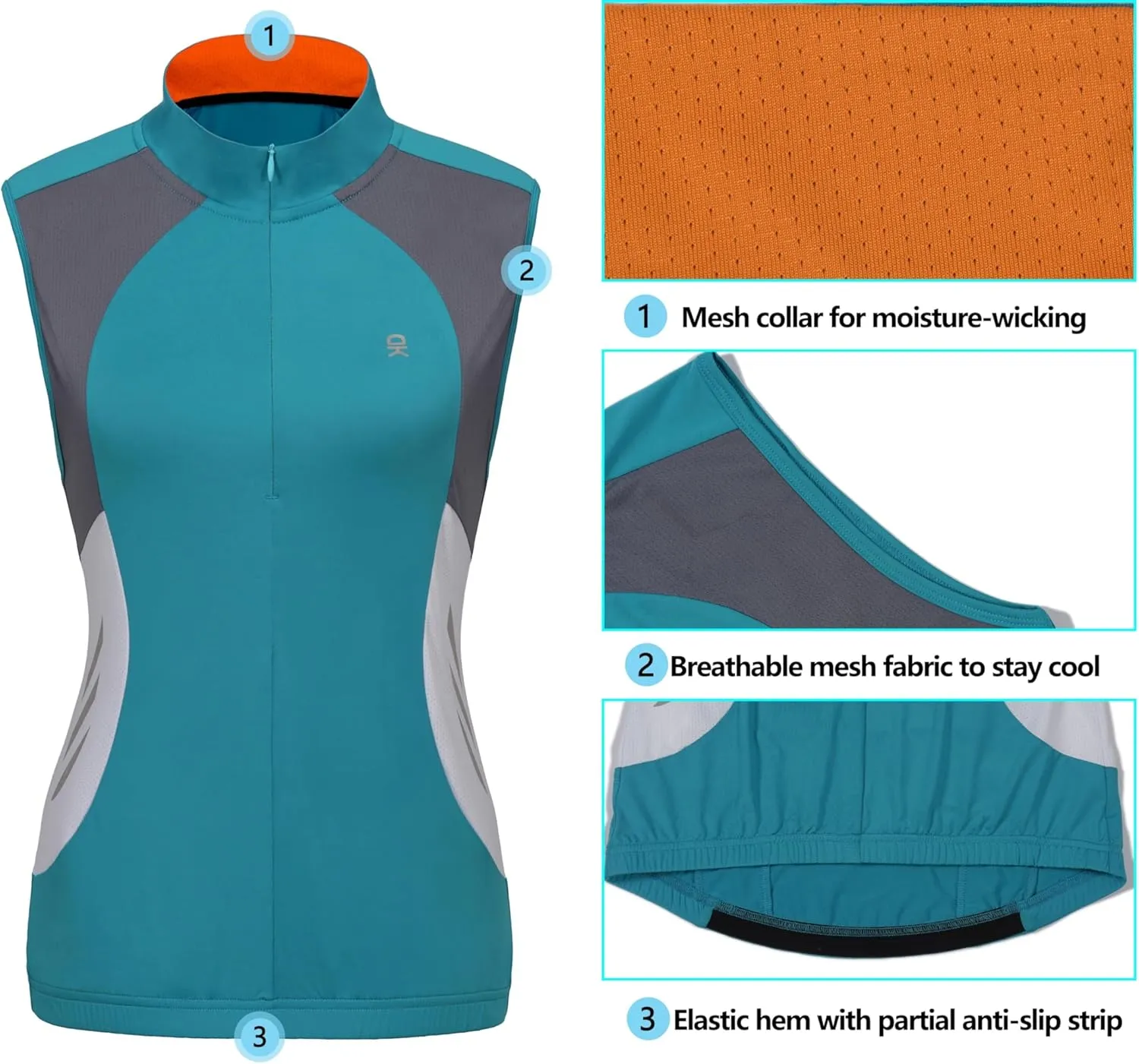 Little Donkey Andy Women's Half Zip Breathable Cycling Vests Reflective Sleeveless Jerseys Shirts Golf 4 Rear Pockets