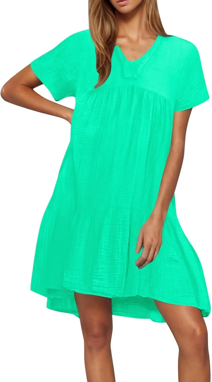 Lmdudan Plus Size Women Babydoll Mini Dress Flowy Ruffle Hem A-Line Dresses Cotton Linen Short Sleeve V Neck Beach Dress