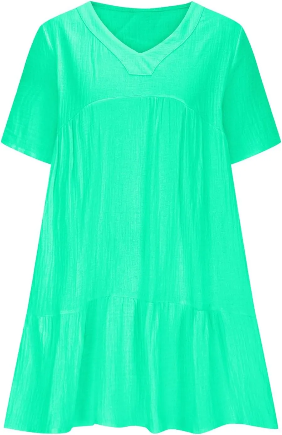 Lmdudan Plus Size Women Babydoll Mini Dress Flowy Ruffle Hem A-Line Dresses Cotton Linen Short Sleeve V Neck Beach Dress