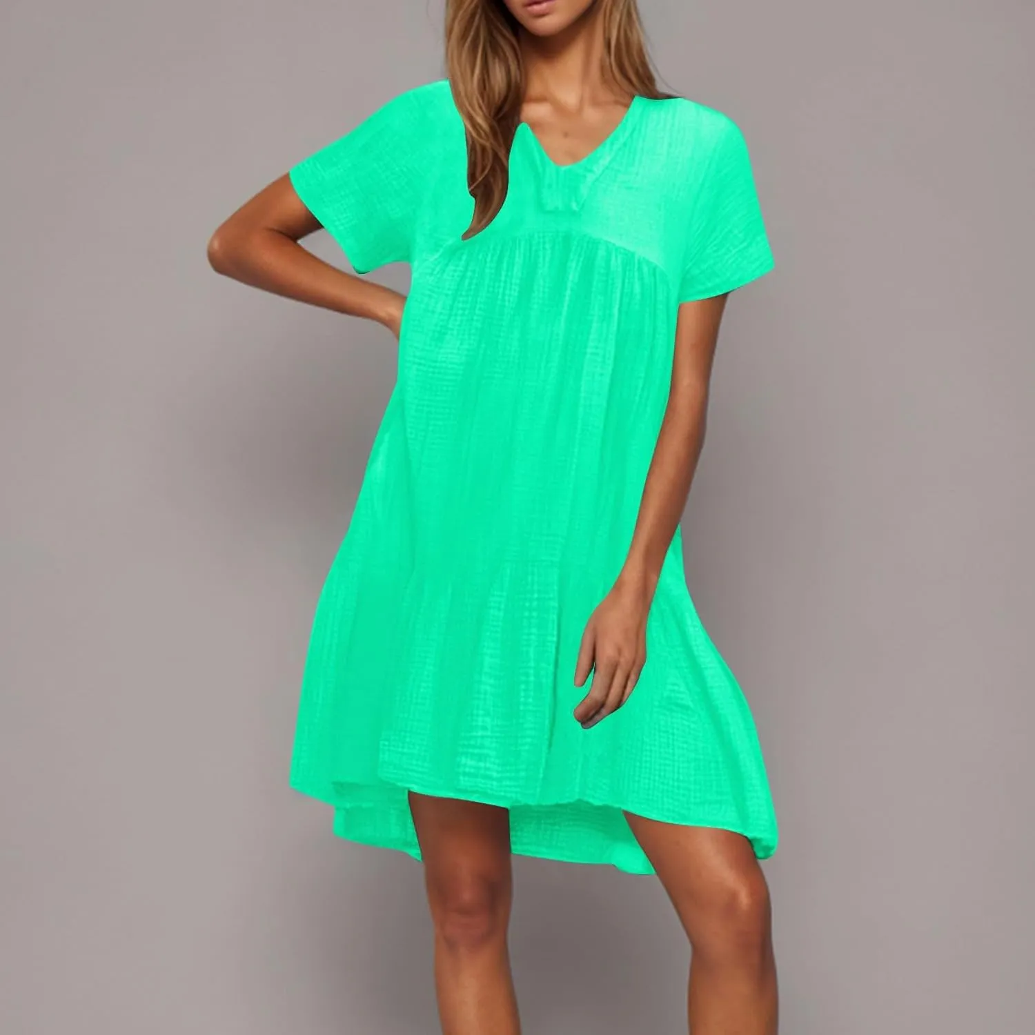 Lmdudan Plus Size Women Babydoll Mini Dress Flowy Ruffle Hem A-Line Dresses Cotton Linen Short Sleeve V Neck Beach Dress