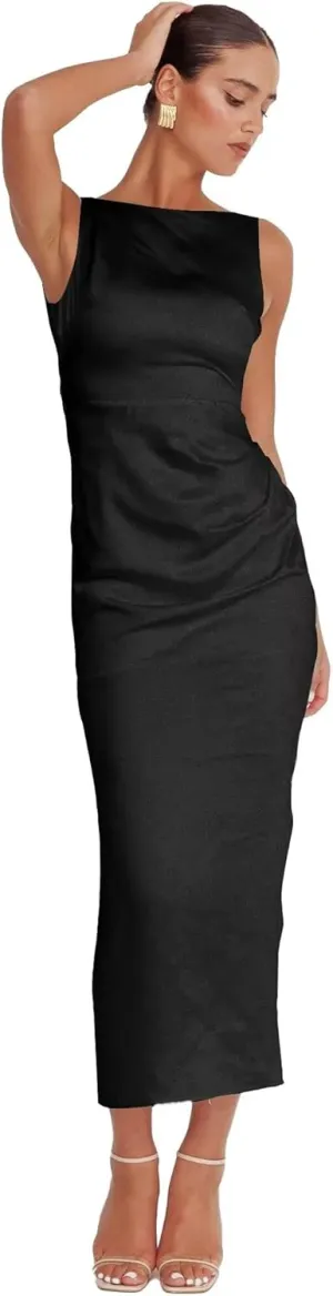 Long Satin Prom Dresses with Slit Bodycon Boat Neck Formal Evening Party Gows with Self Tied Bow.