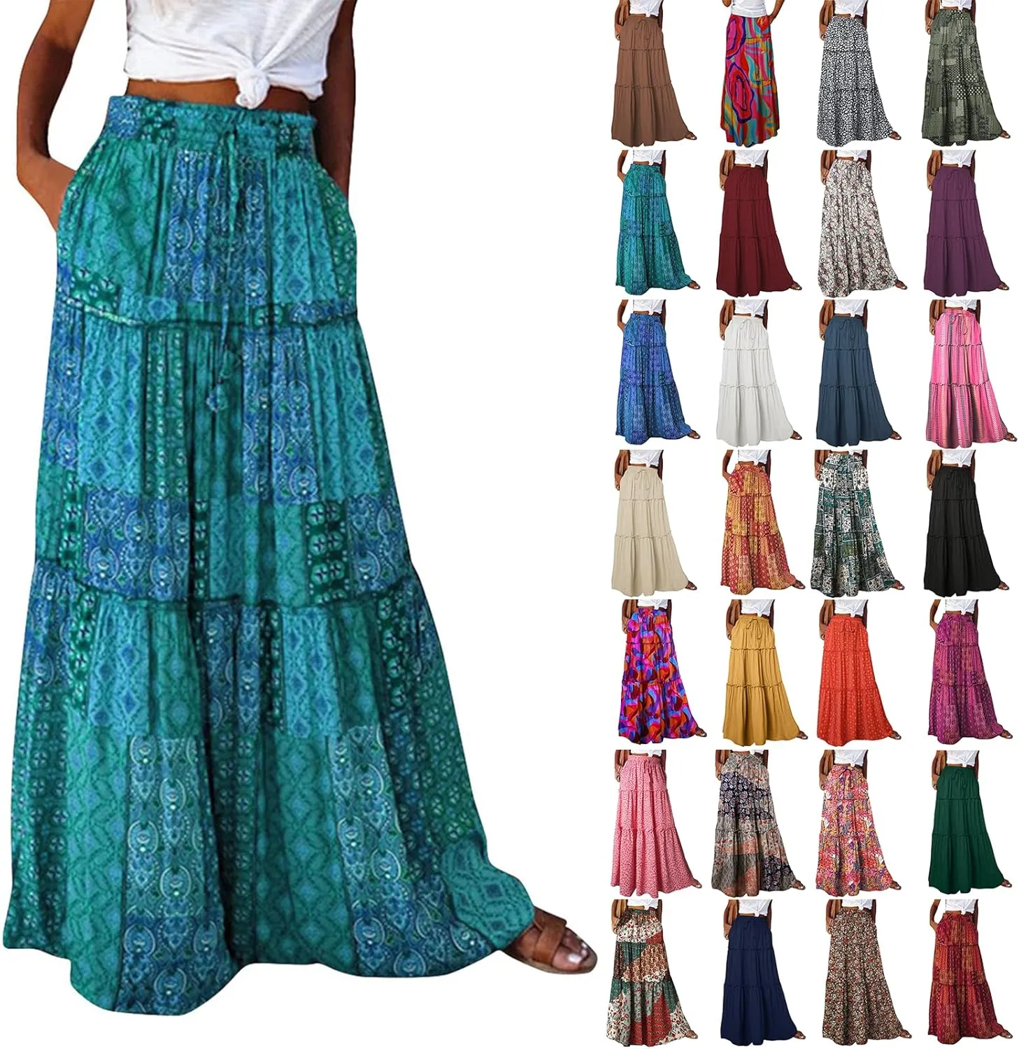 Long Skirts for Women Floral Maxi Skirt with Pockets Beach Flowy Midi Boho Skirt Casual Pleated High Waisted Skirts