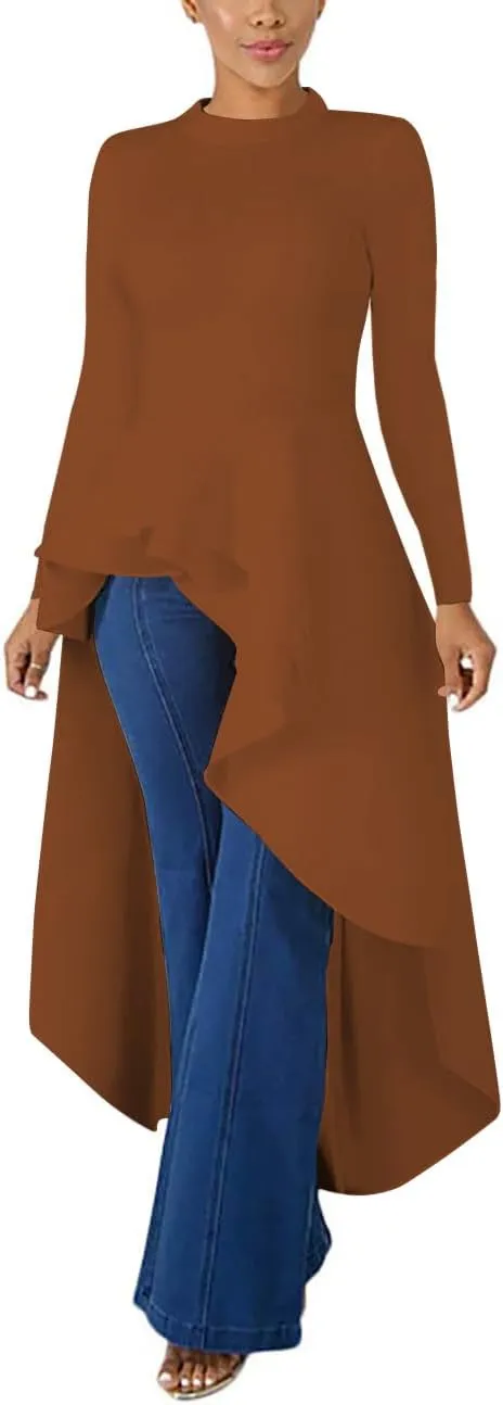 Lrady Womens Casual Shirt Dress High Low Ruffle Blouse Asymmetrical Peplum Tops Long Tunic Dresses