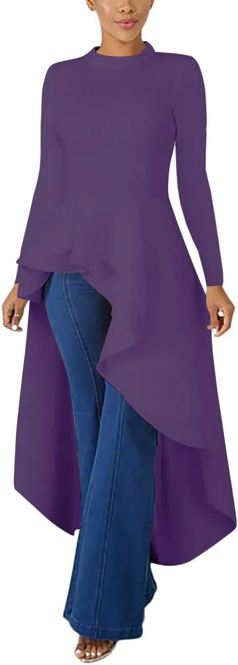 Lrady Womens Casual Shirt Dress High Low Ruffle Blouse Asymmetrical Peplum Tops Long Tunic Dresses