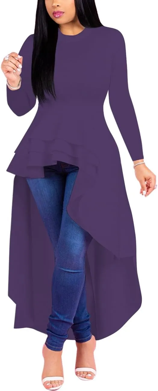 Lrady Womens Casual Shirt Dress High Low Ruffle Blouse Asymmetrical Peplum Tops Long Tunic Dresses