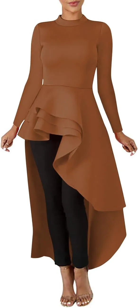 Lrady Womens Casual Shirt Dress High Low Ruffle Blouse Asymmetrical Peplum Tops Long Tunic Dresses