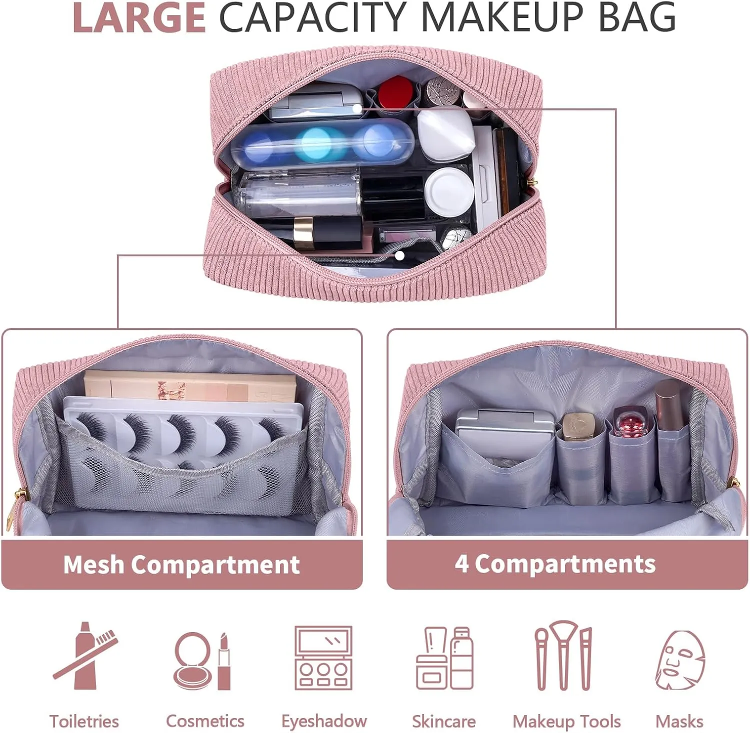 MAGEFY Makeup Bag Corduroy 2 Pcs Cosmetic Bags for Women Preppy Small Makeup Bag with Chenille Letter Patch Makeup Pouch Pink FACE & Green STUFF