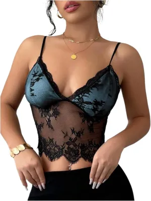 MakeMeChic Women's Floral Lace Top Sheer V Neck Camisole Spaghetti Strap Club Crop Tops