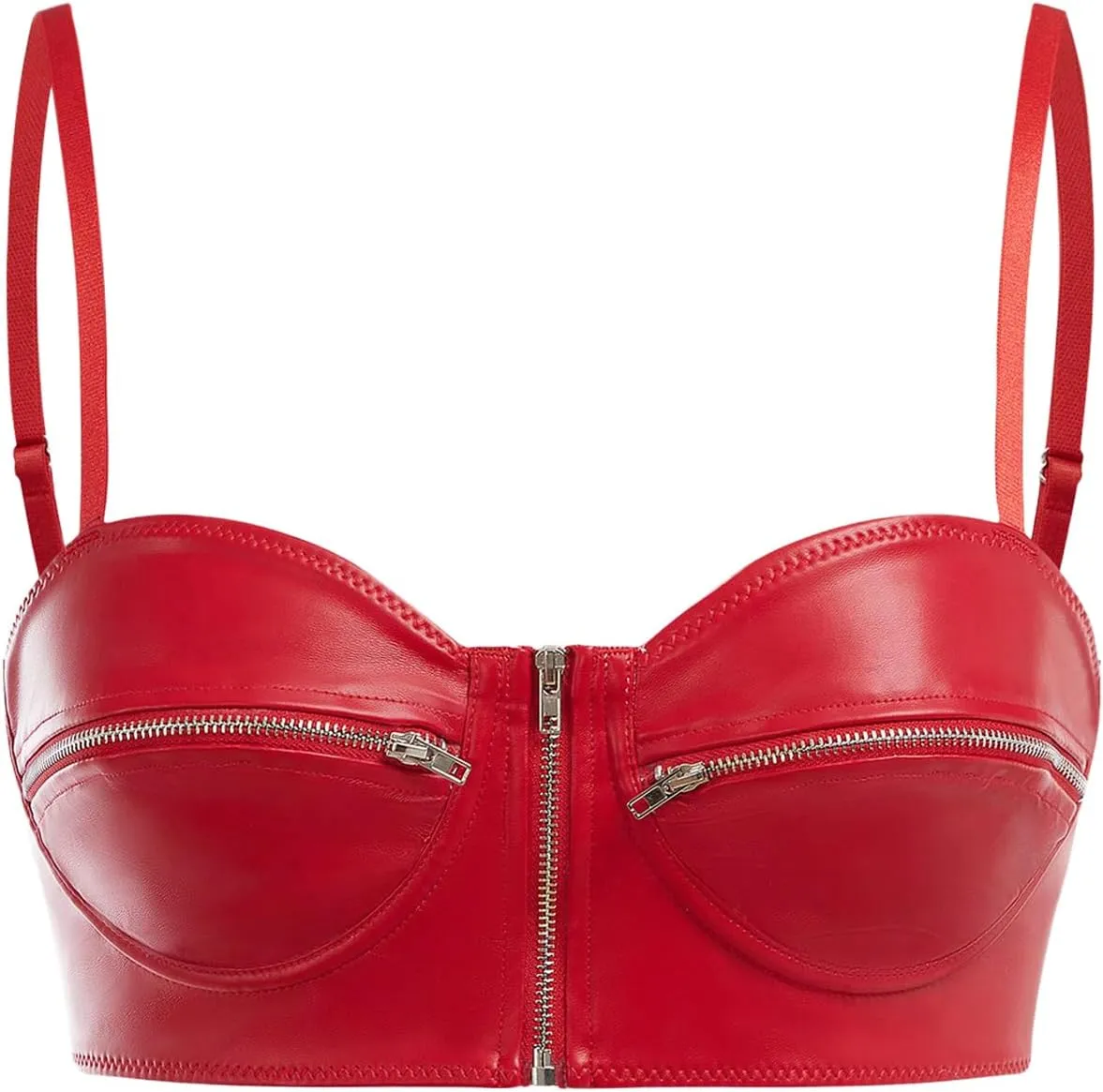 MakeMeChic Women's Y2K PU Leather Tops Spaghetti Strap Camisole Zipper Sleeveless Crop Top