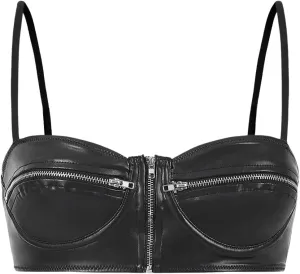 MakeMeChic Women's Y2K PU Leather Tops Spaghetti Strap Camisole Zipper Sleeveless Crop Top
