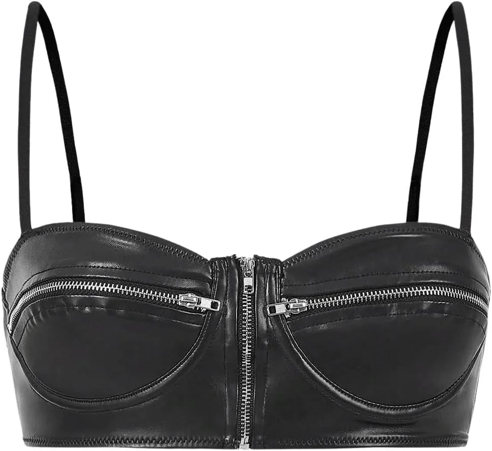 MakeMeChic Women's Y2K PU Leather Tops Spaghetti Strap Camisole Zipper Sleeveless Crop Top