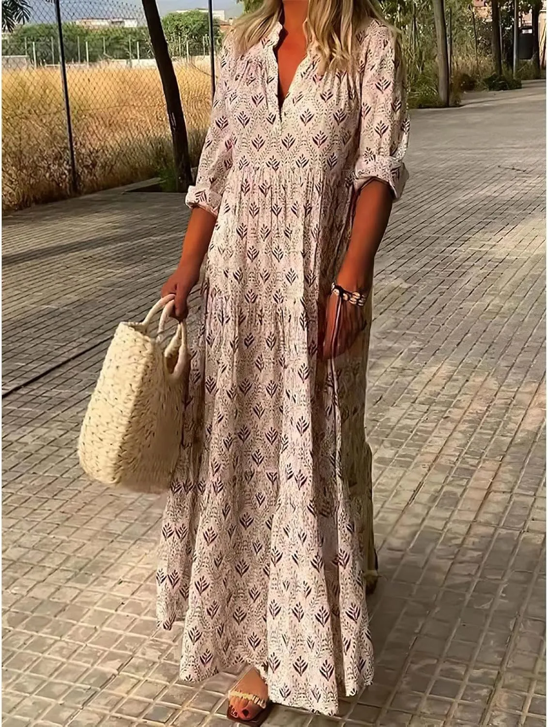MARSVOVO Women's Floral Print Boho Maxi Dress Long Sleeve Mock Neck High Waist Casual Comfort Beach Flowy Tunic Dress