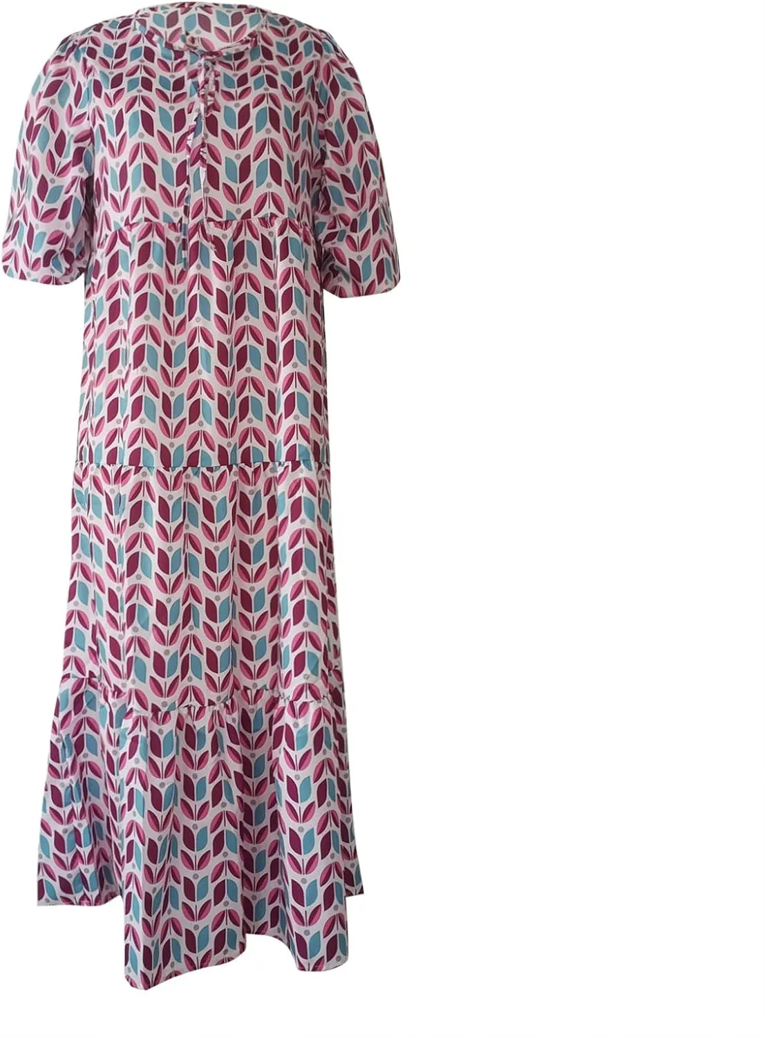 Maxi Dresses for Women 2025 Puff Half Sleeve Summer Midi Dresses Loose V Neck Flowy Geometric Floral Boho Beach Dress