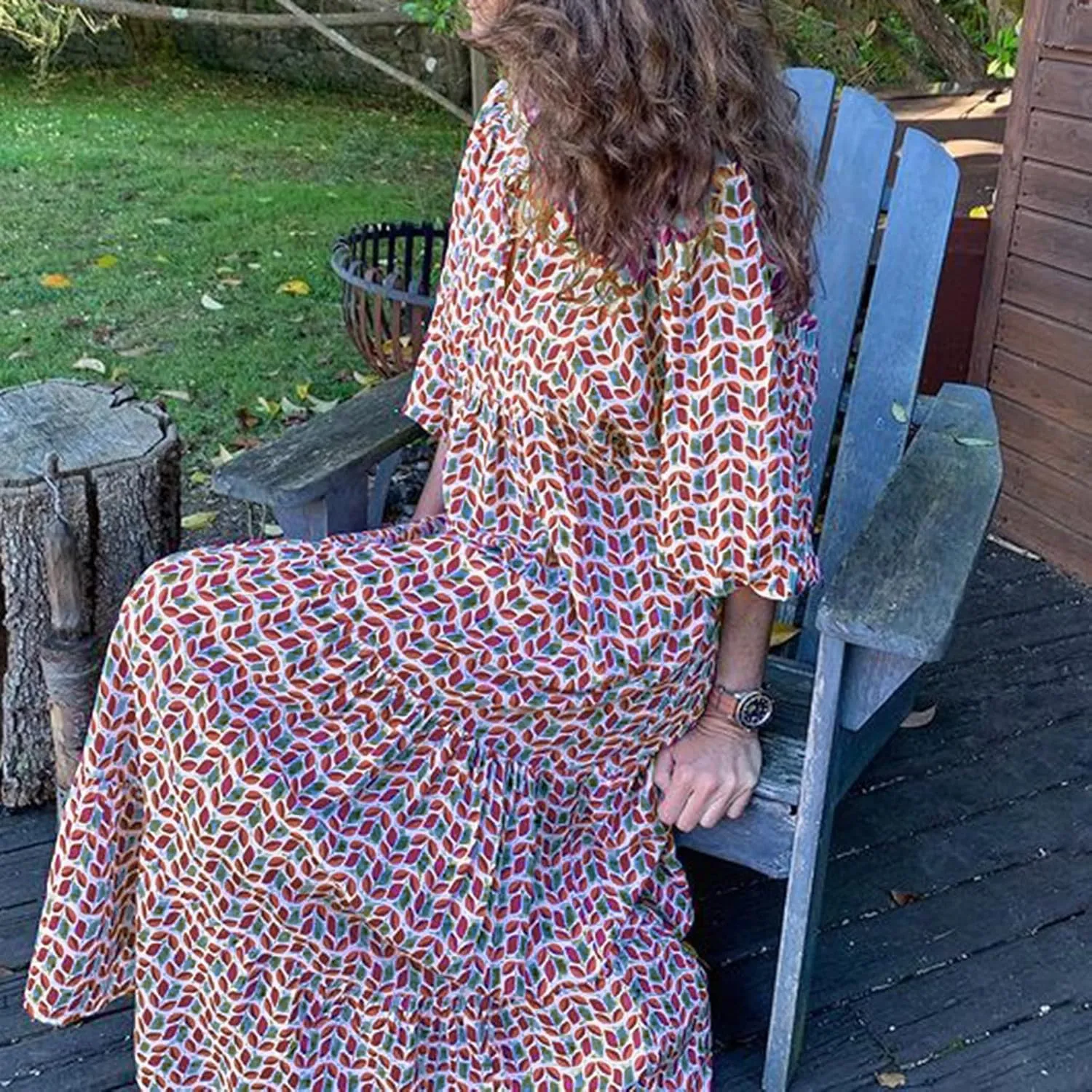 Maxi Dresses for Women 2025 Puff Half Sleeve Summer Midi Dresses Loose V Neck Flowy Geometric Floral Boho Beach Dress