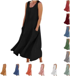 Maxi Dresses for Women 2025 Sleeveless Cotton Linen Summer Dress with Pockets Boho Beach Vacation Sundress