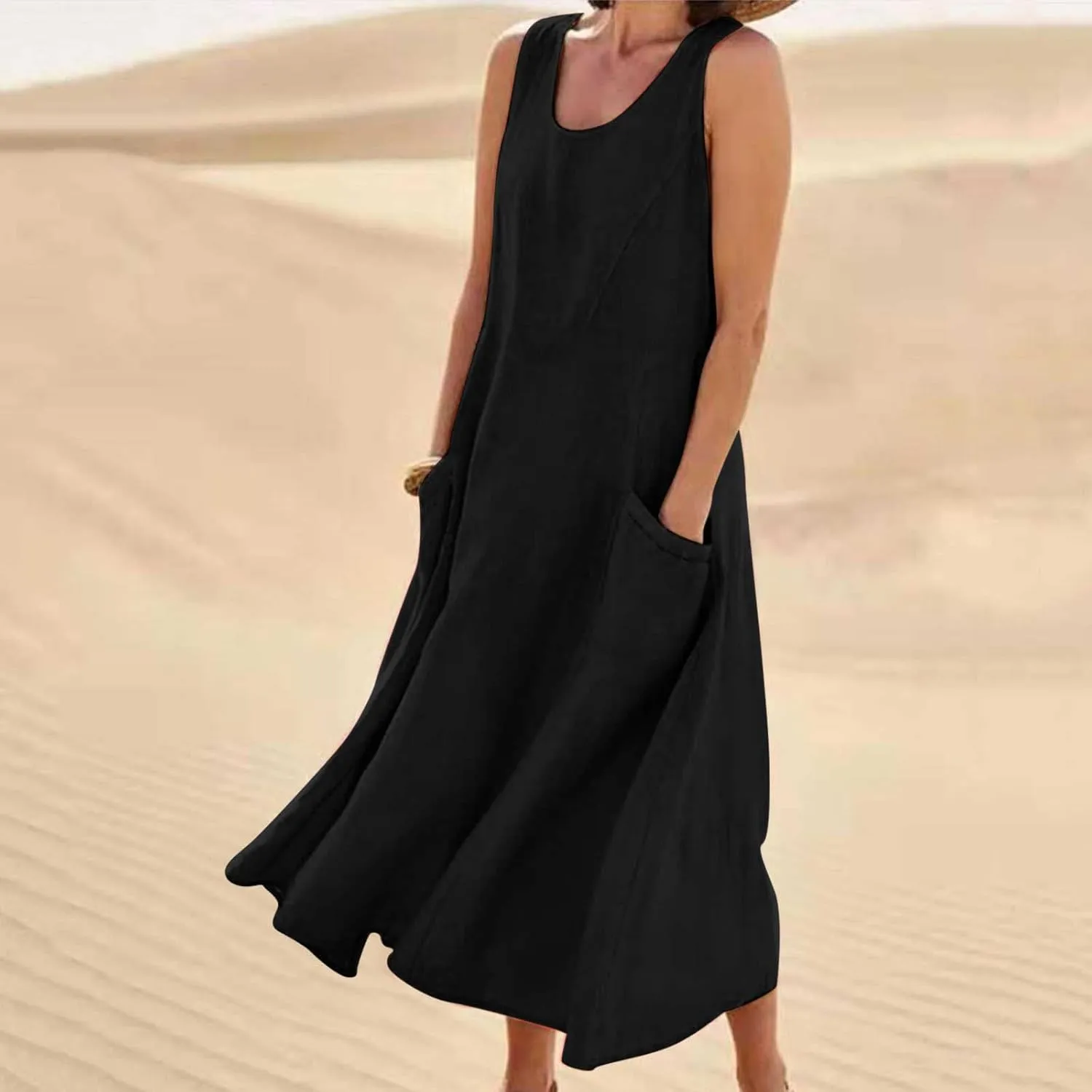 Maxi Dresses for Women 2025 Sleeveless Cotton Linen Summer Dress with Pockets Boho Beach Vacation Sundress