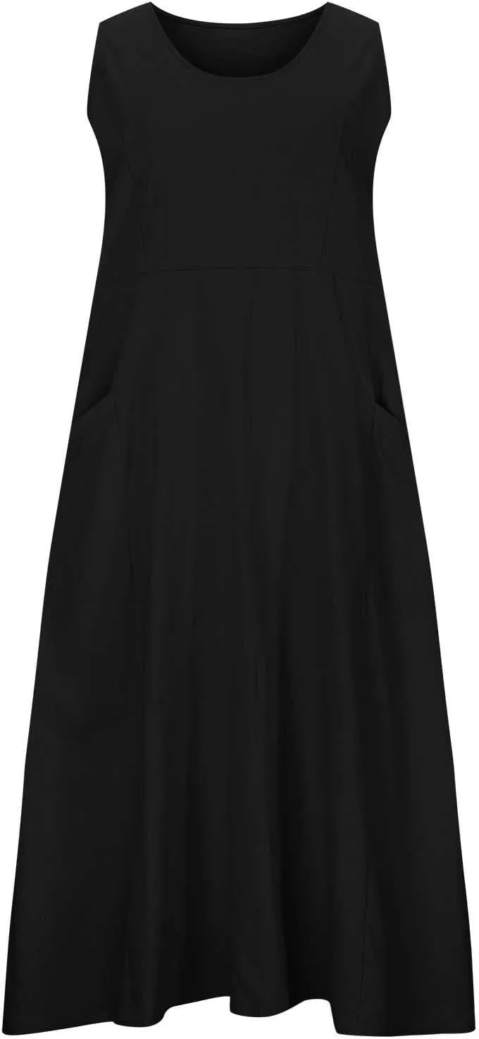 Maxi Dresses for Women 2025 Sleeveless Cotton Linen Summer Dress with Pockets Boho Beach Vacation Sundress