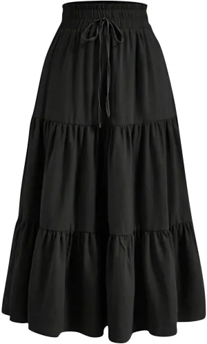 Maxi Skirts for Women 2025 Summer Boho Elastic Waist Skirts Drawstring Plus Size Trendy Casual Loose Long Skirt Dress