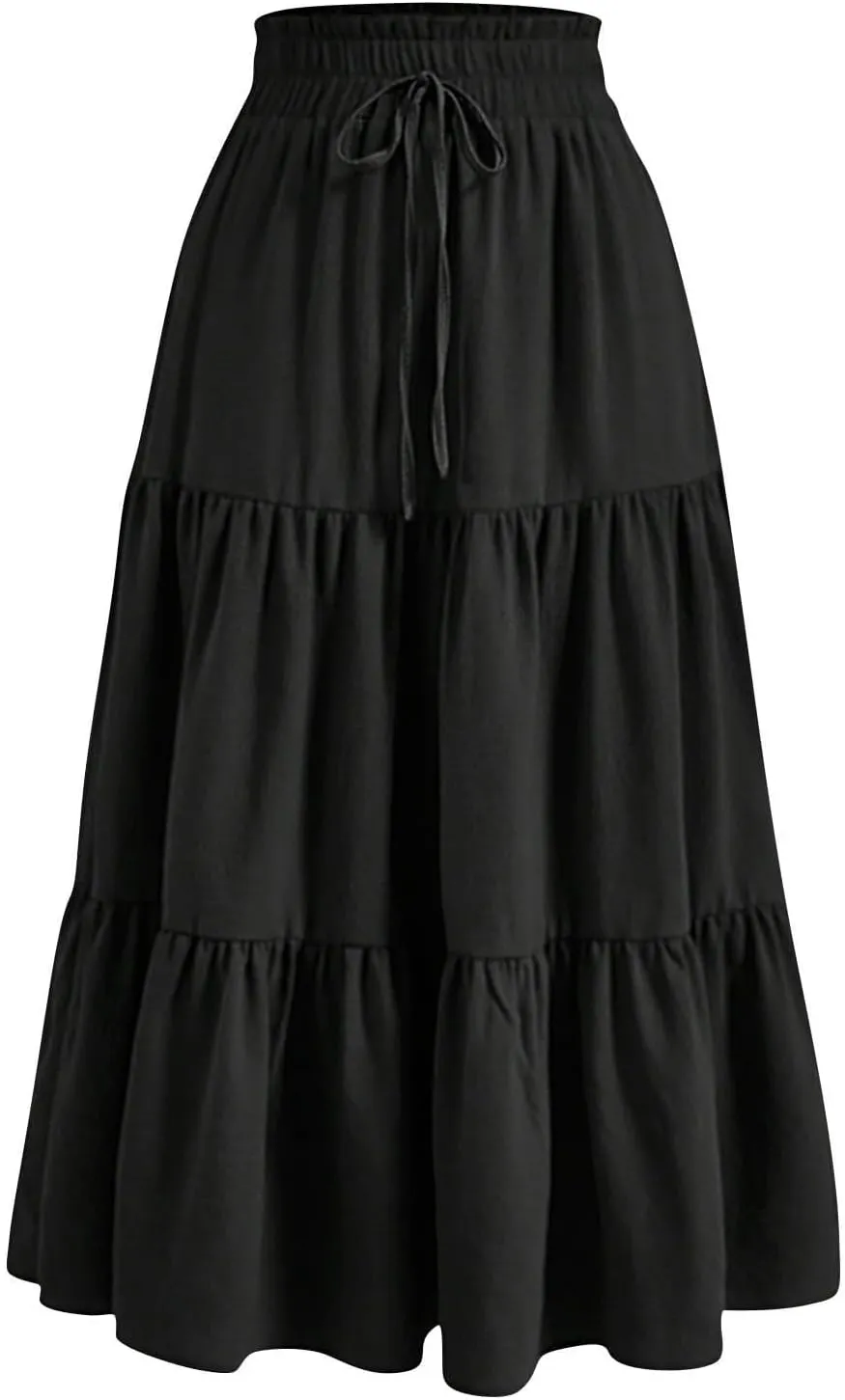 Maxi Skirts for Women 2025 Summer Boho Elastic Waist Skirts Drawstring Plus Size Trendy Casual Loose Long Skirt Dress