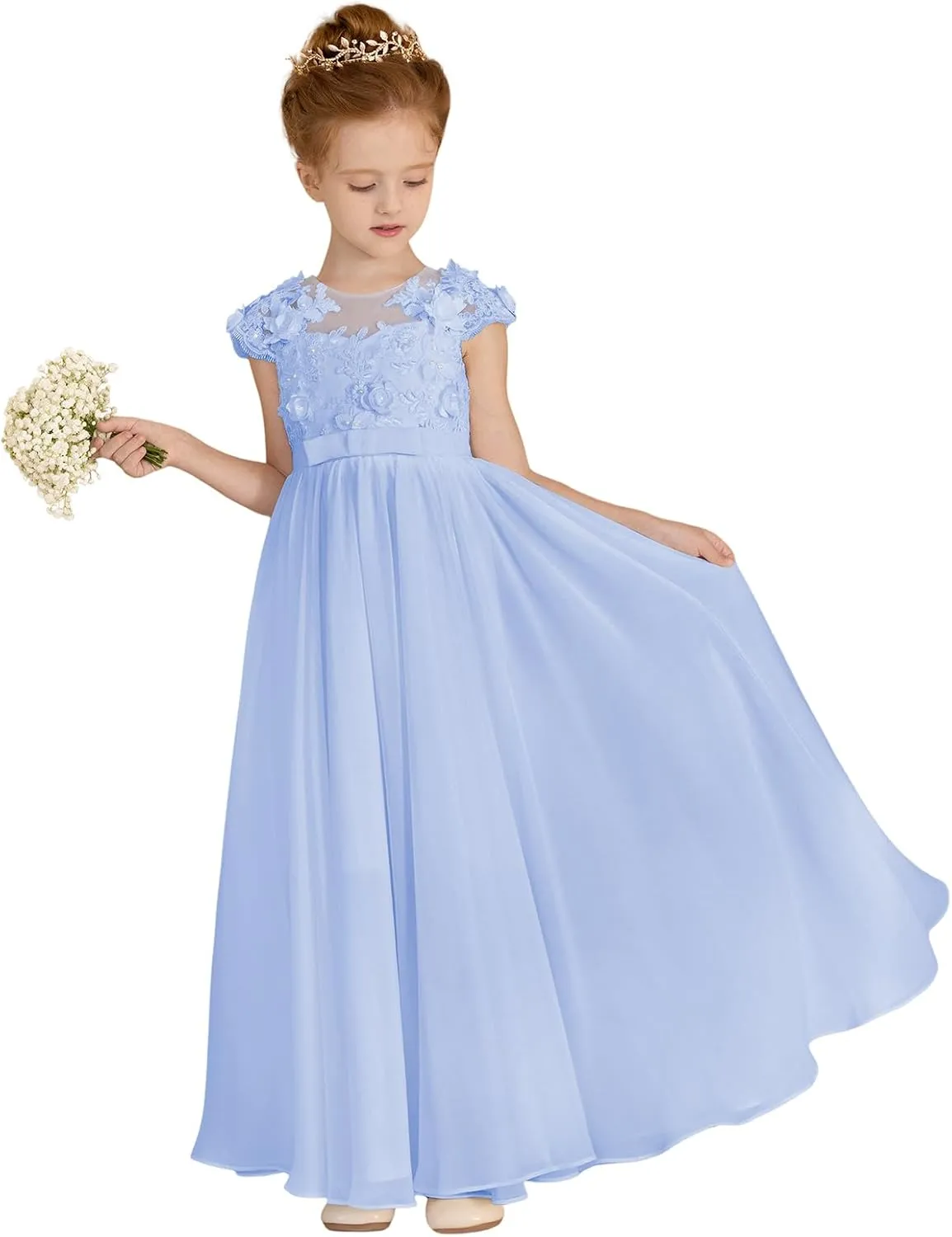 MCieloLuna Chiffon Applique Flower Girl Dresses for Wedding White A-Line Cap Sleeve Formal Bridesmaid Brithday Party Gowns