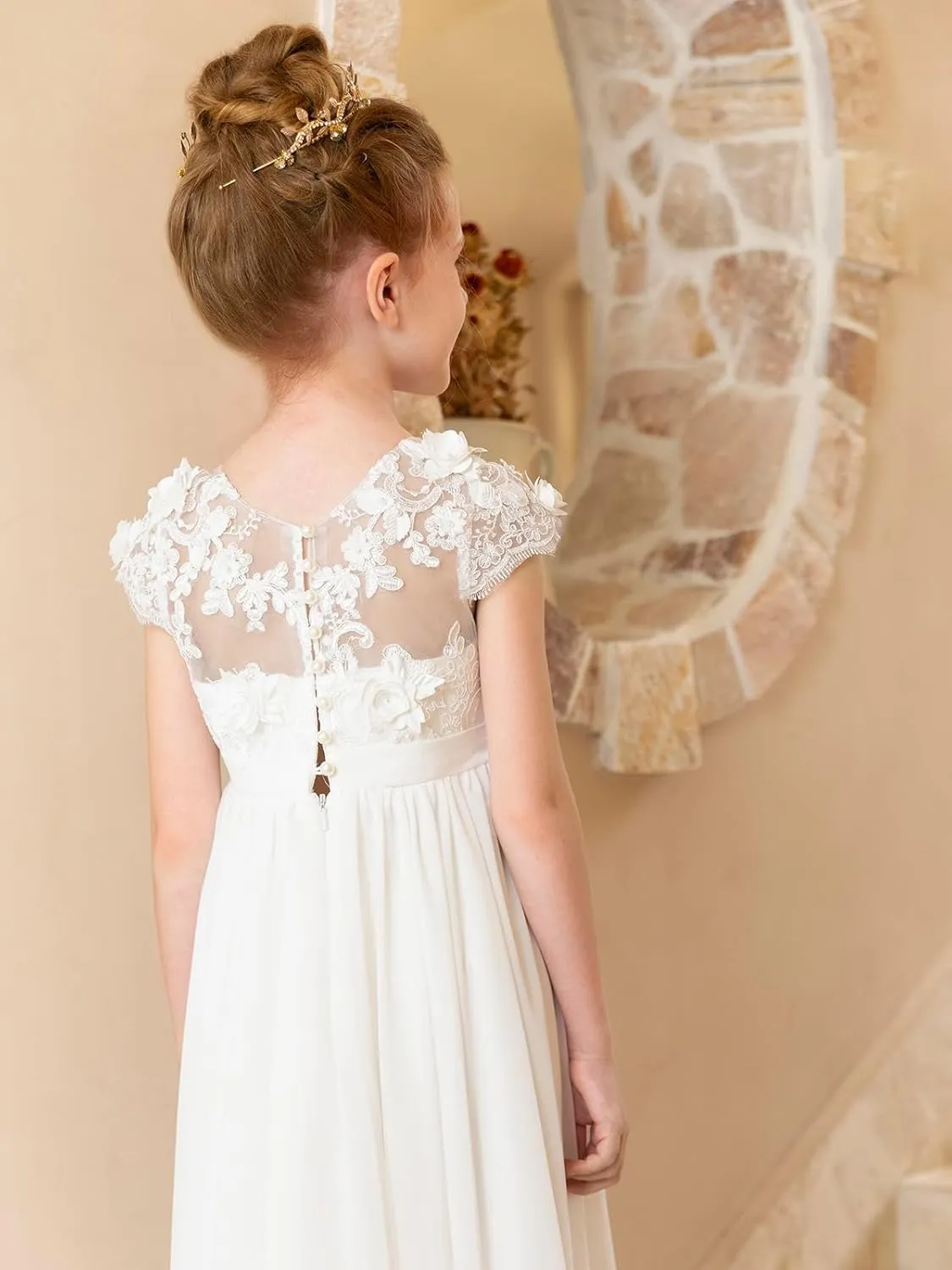 MCieloLuna Chiffon Applique Flower Girl Dresses for Wedding White A-Line Cap Sleeve Formal Bridesmaid Brithday Party Gowns