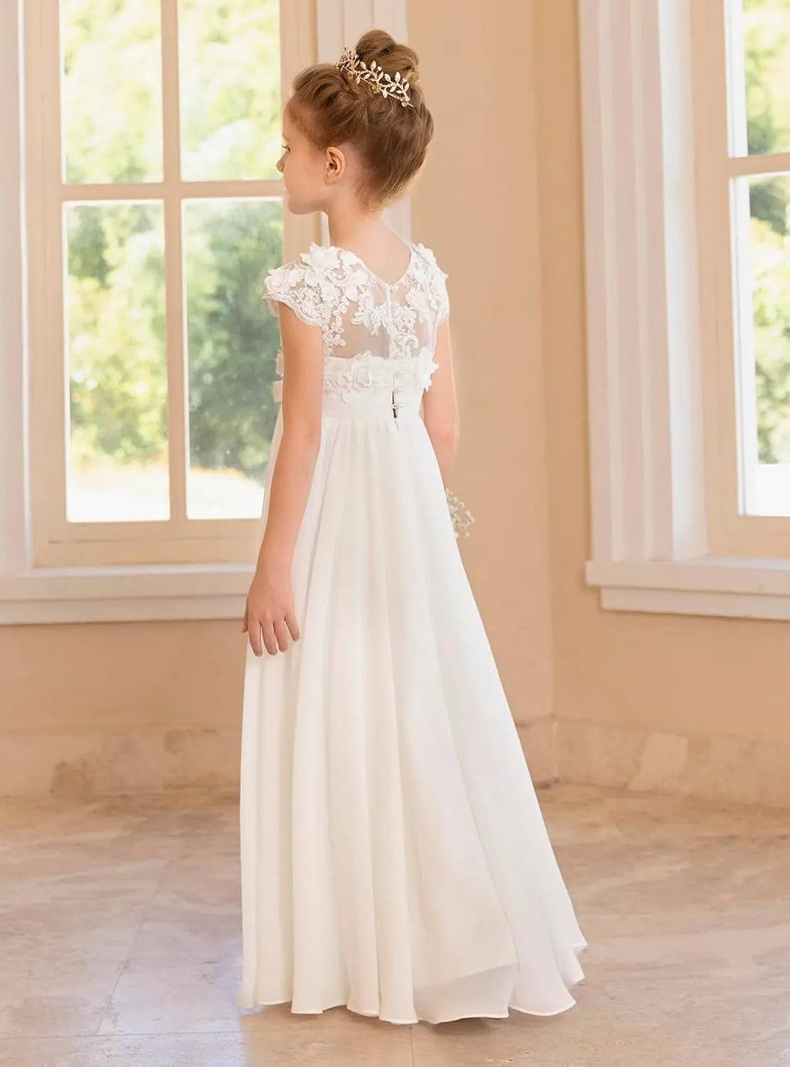 MCieloLuna Chiffon Applique Flower Girl Dresses for Wedding White A-Line Cap Sleeve Formal Bridesmaid Brithday Party Gowns