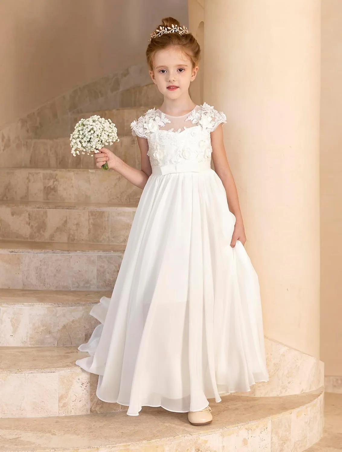 MCieloLuna Chiffon Applique Flower Girl Dresses for Wedding White A-Line Cap Sleeve Formal Bridesmaid Brithday Party Gowns