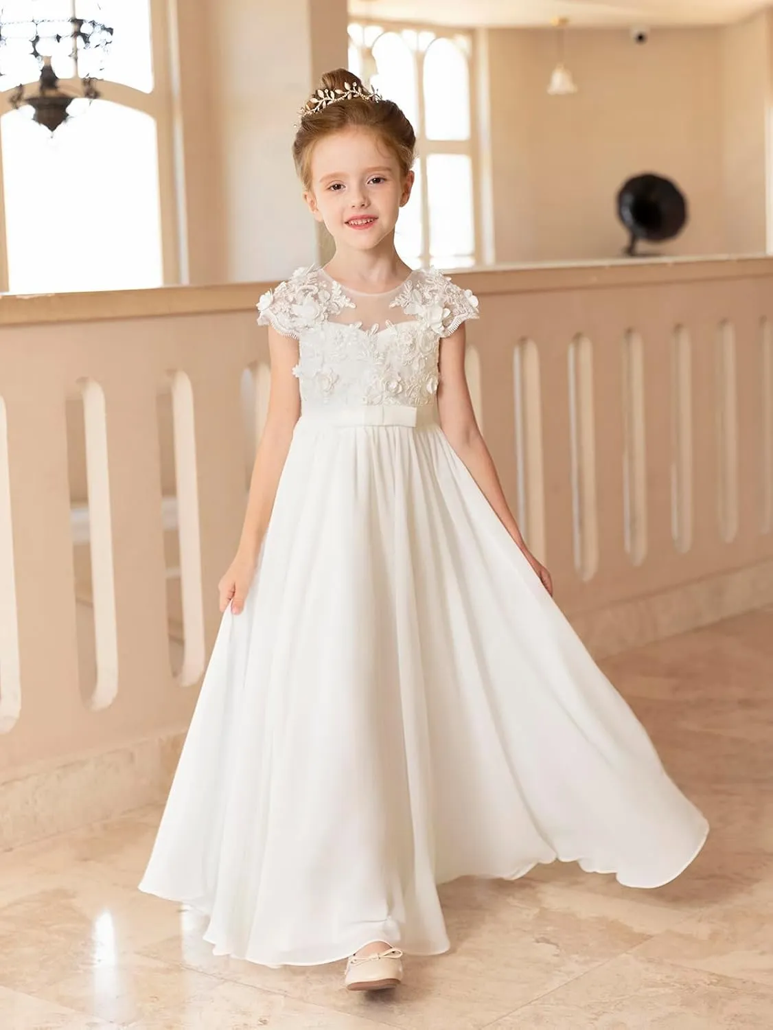 MCieloLuna Chiffon Applique Flower Girl Dresses for Wedding White A-Line Cap Sleeve Formal Bridesmaid Brithday Party Gowns