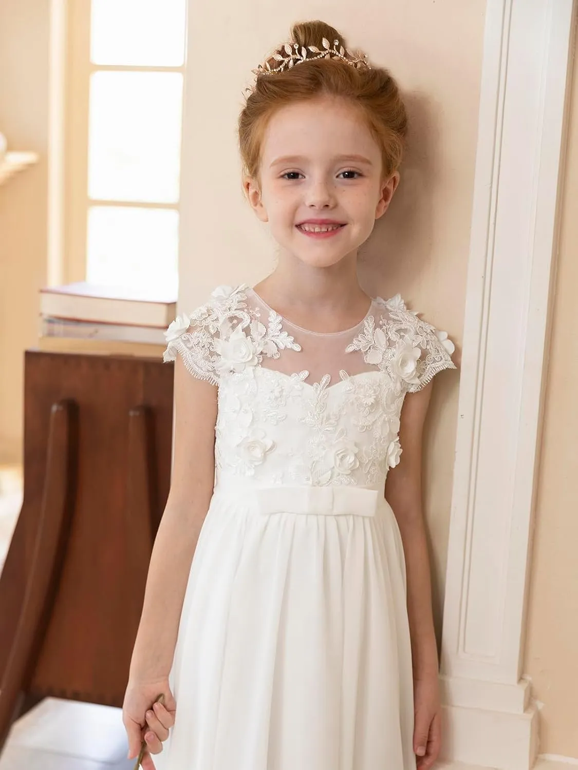 MCieloLuna Chiffon Applique Flower Girl Dresses for Wedding White A-Line Cap Sleeve Formal Bridesmaid Brithday Party Gowns