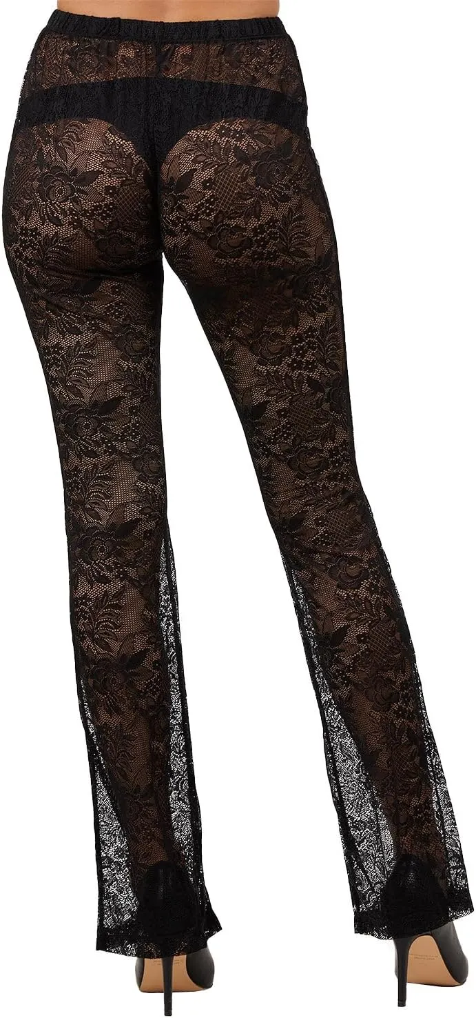 MeMoi Women's Sheer Floral Lace Slightly Flared Legging