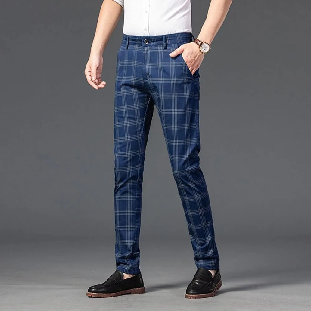 Mens Casual Plaid Pants Fashion Retro Tapered Stretch Slim Fit Business Dress Chino Pants