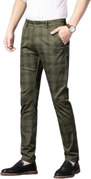Mens Casual Plaid Pants Fashion Retro Tapered Stretch Slim Fit Business Dress Chino Pants