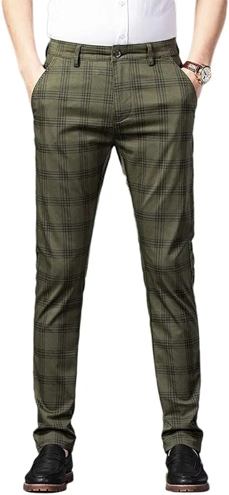 Mens Casual Plaid Pants Fashion Retro Tapered Stretch Slim Fit Business Dress Chino Pants