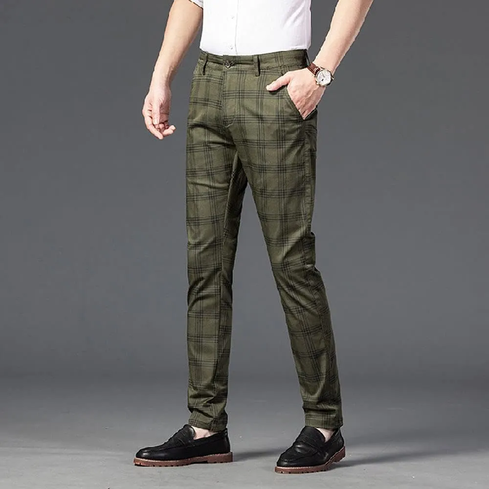Mens Casual Plaid Pants Fashion Retro Tapered Stretch Slim Fit Business Dress Chino Pants